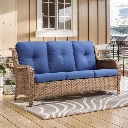 Outdoor Couch Wicker Patio Sofa - 75Inch Rattan Sofa with Hight Backrest Wide Armrest, All Weather Outdoor 3 Seater Seating Wicker Couch for Balcony Proch Deck Backyard Yellow/Blue
