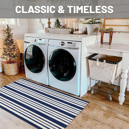 IOHOUZE Navy and White Striped Rug 2.3'x3.6' Front Door Rugs Outdoor, Small Washable Area Rug for Front Porch, Spring Summer Doormats Outdoor Indoor, Cotton Rugs for Entryway Porch Entrance