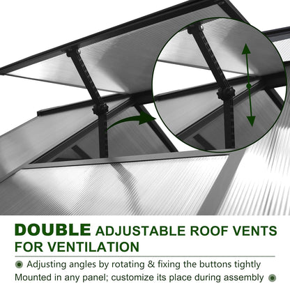 6x12 FT Polycarbonate Aluminum Greenhouse, Outdoor Walk-in Green House Kit with 2 Adjustable Roof Vents and Lockable Door, Backyard Garden in Winter, Gray