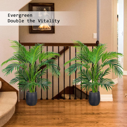 Worth Garden 4ft Artificial Areca Palm Plant 2 Packs in Pot, Fake Cane Palm Silk Tree Indoor Outdoor, Dypsis Lutescens, 47in Lifelike Faux Silk Plant Home Decor, Two Linen Bags Included