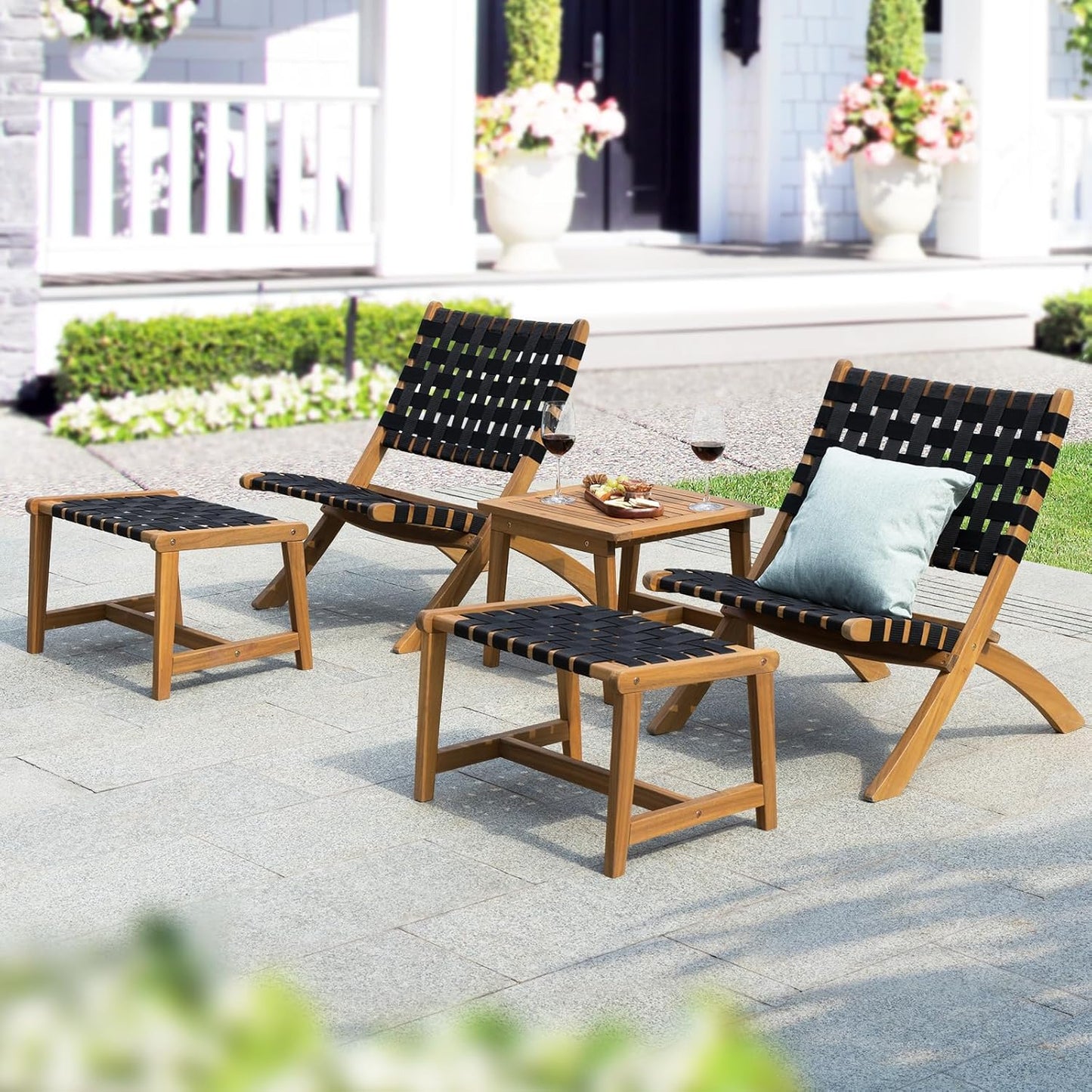 IDZO Foldable Reclining Design Heavy Duty 400lbs Capacity Patio Bistro Set 5 Piece with Ottomans Outdoor