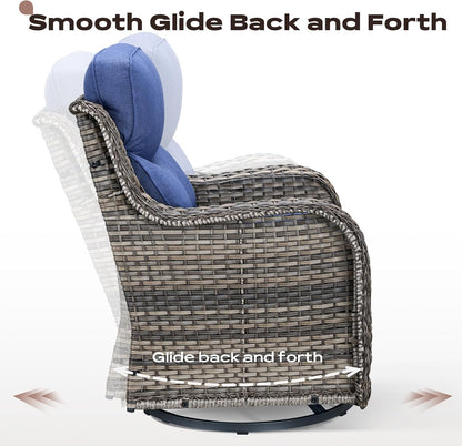 Outdoor Patio Swivel Rocker Chairs Set of 2, Waterproof Wicker, High Back, Deep Seating, Wide Armrest, Upgraded 6 inch Thick Cushions, Ideal for Deck Porch Backyard, Mixed Grey/Blue
