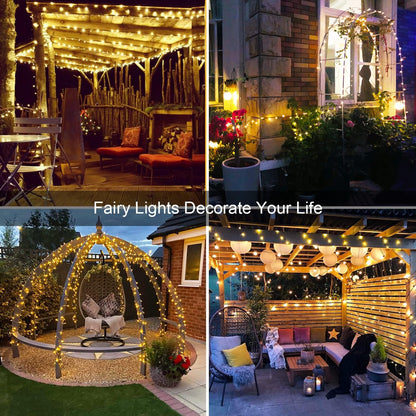 JMEXSUSS 4 Pack 100 LED Solar Fairy Lights, 33ft Warm White Solar String Lights Outdoor Waterproof, 8 Modes Copper Wire Solar Twinkle Lights for Garden Yard Tree Wedding