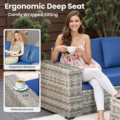 ovios 7 Pieces Patio Furniture Set, Outdoor Wicker Sectional Sofa with 42 Inch Fire Pit Table Comfy Cushions, Modern Modular Deep Seat Rattan Couch Conversation Set, Navy Blue