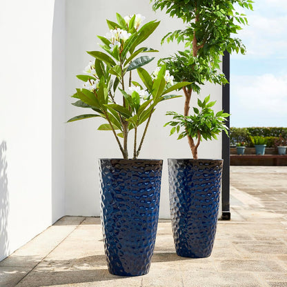 Glitzhome 23.75" H Oversized Tall Planter,Modern Set of 2 Honeycomb Textured Gradient Cobalt Blue Round Garden Plant Pots with Drainage Holes Flower Containers for Indoor Outdoor,Front Porch,Patio