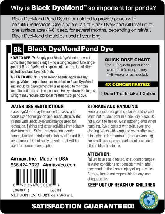 Airmax Black DyeMond Pond Dye 4X Concentrate for Outdoor Ponds & Lakes, Natural Pond Colorant & Beauty Enhancer, Block Ultraviolet Rays, Fish, Bird & Livestock Safe, Easy Liquid Application, 1 Quart