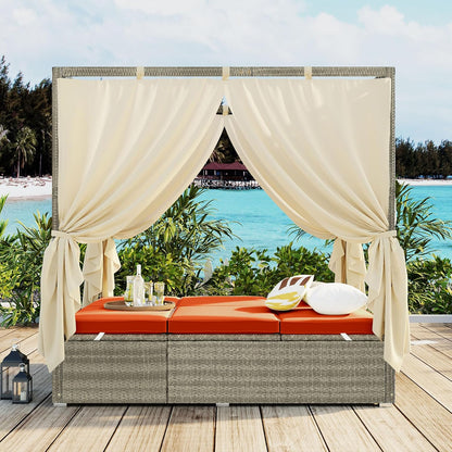 Patio Chaise Lounge, Gray PE Rattan Outdoor Patio Wicker Sunbed Daybed with Adjustable Seats, Four-sided Canopy, Overhead Curtain and Orange Cushion for Backyard, Garden, Poolside (for 2-6 people)
