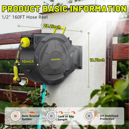 Retractable Garden Hose Reel 160Ft Extra Long, PHLEX PRO Heavy Duty Automatic Water Hose Reel Wall Mounted with 10 Pattern Nozzle, Any Length Lock, Slow Return System, 180°Swivel Bracket