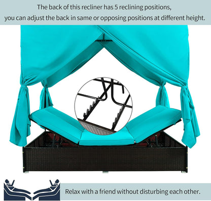 Patio Chaise Lounge, PE Rattan Outdoor Patio Wicker Sunbed Daybed with Adjustable Seats, Four-sided Canopy, Overhead Curtain and Blue Cushions for Backyard, Garden, Poolside (for 2-6 people)
