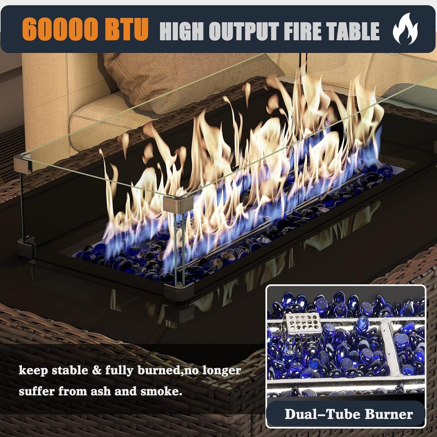 44 Inch Propane Gas Fire Pits Table for Outside Patio, 60000 BTU Rectangular Outdoor Wicker Rattan Fire Pit with Glass Wind Guard
