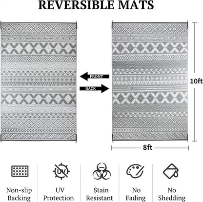 8'x10' Reversible Outdoor Rug - Eco-Friendly Plastic Straw Rug-Heavy-Duty Waterproof Mat, UV & Fade Resistant for Patio, Camping, RV, Deck, Balcony(8x10,Gray&White)