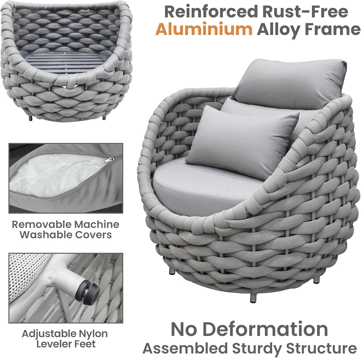 Aluminum Rope Patio Furniture Set: 6 Pieces Assembled Outdoor Conversation Sofa Set for 7 - Modern Metal Couch Set Cushioned - All Weather Porch Seating for Deck Garden Pool Lanai Hotel, Gray