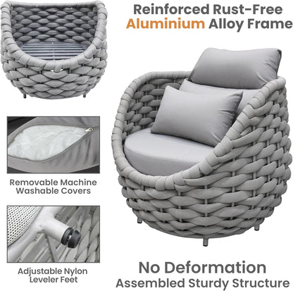 Aluminum Rope Patio Furniture Set: 6 Pieces Assembled Outdoor Conversation Sofa Set for 7 - Modern Metal Couch Set Cushioned - All Weather Porch Seating for Deck Garden Pool Lanai Hotel, Gray