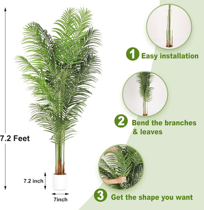 Artificial Palm Tree 7.2Ft Tall Fake Potted Plant Faux Silk Green Floor Decorative Large Artificial Plants Indoor for Office Home Living Room Outdoor Decor