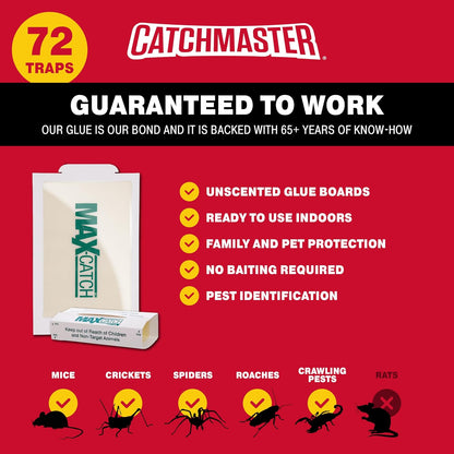 Catchmaster Max-Catch Mouse & Insect Glue Trap 72PK, Mouse Traps Indoor for Home, Sticky Pest Control Adhesive Tray for Catching Bugs, Non Toxic Bulk Unscented Glue Boards