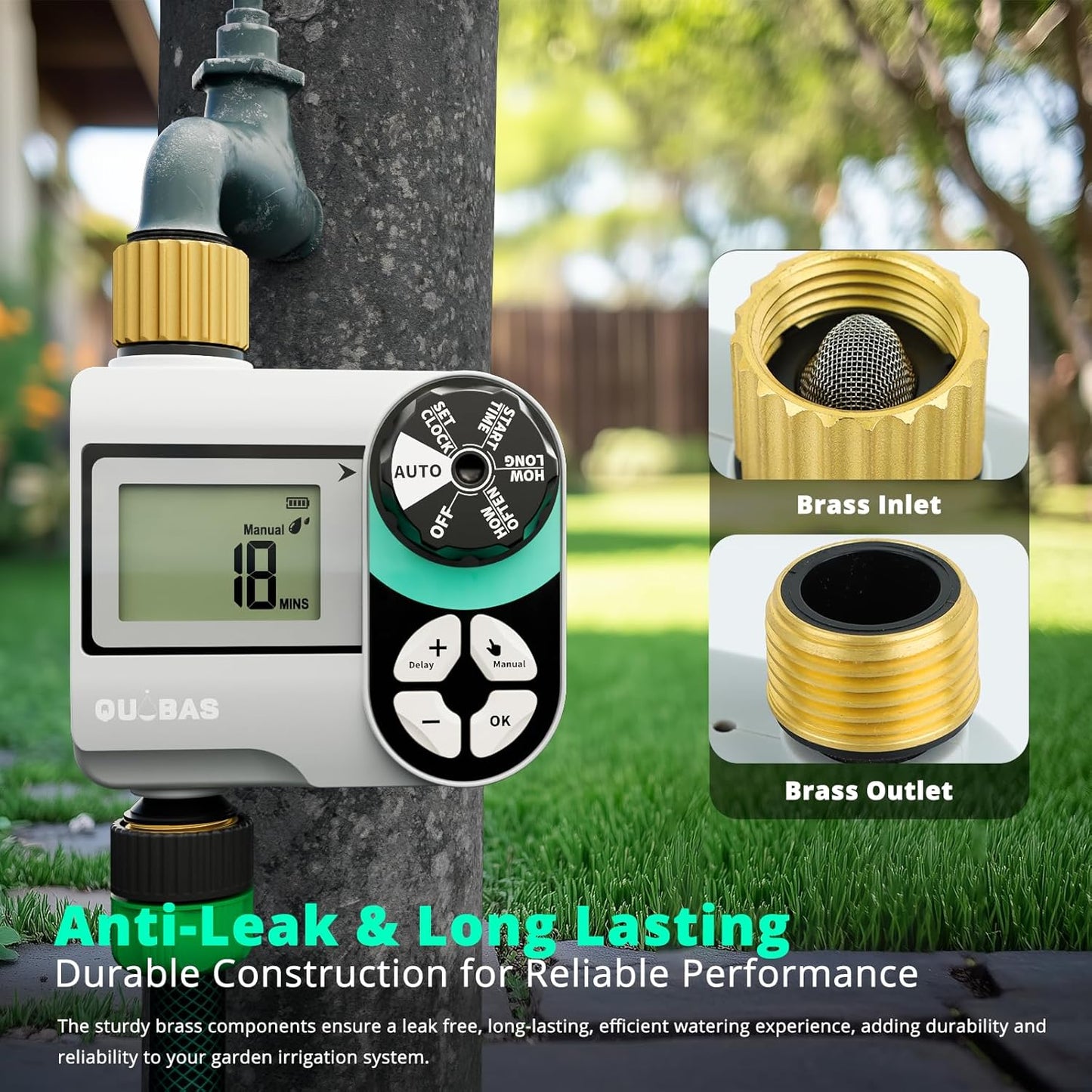 QUOBAS Sprinkler Timer, Programmable Hose Timers with Brass Inlet & Outlet, Water Timer for Garden Hose with Rain Delay/Automatic/Manual Watering System, Digital Drip Irrigation Timers for Yard, Lawn