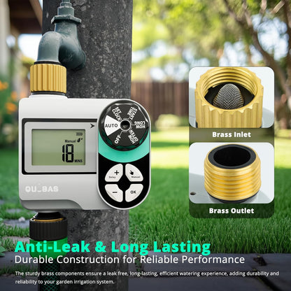QUOBAS Sprinkler Timer, Programmable Hose Timers with Brass Inlet & Outlet, Water Timer for Garden Hose with Rain Delay/Automatic/Manual Watering System, Digital Drip Irrigation Timers for Yard, Lawn