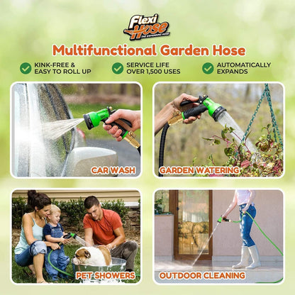 Flexi Hose with 8 Function Nozzle, 75FT - Lightweight Expandable Garden Hose, No-Kink Flexibility, 3/4 Inch Solid Brass Fittings and Double Latex Core