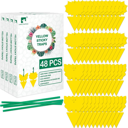 LULUCATCH Fruit Fly Sticky Trap 48 Pack, Safe Gnat Traps for Fruits, Plants, Super Sticky Fly Trap for Indoor, Outdoor, Kitchen, Insect Catcher for White Flies, Mosquitos, Fungus Gnats, Flying Insects