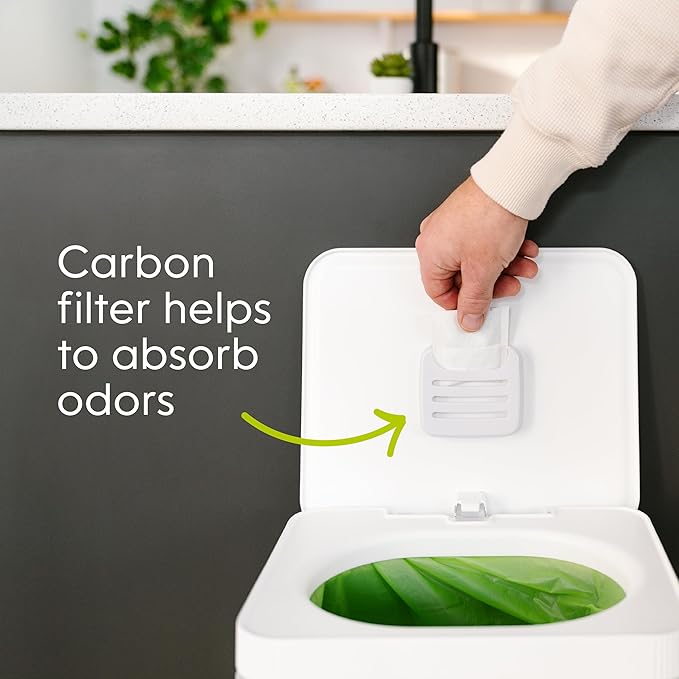 Kitchen Compost Bin, White Stainless-Steel Large, 3.6 Gallon, Indoor Odorless Composting, Hands-Free, Washable Parts, Includes 8 Tear-Off Compostable Bags and 4 Carbon Filters