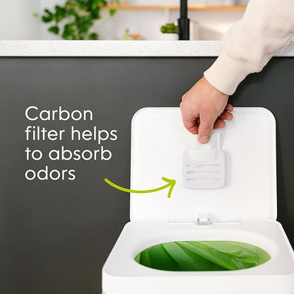 Kitchen Compost Bin, White Stainless-Steel Large, 3.6 Gallon, Indoor Odorless Composting, Hands-Free, Washable Parts, Includes 8 Tear-Off Compostable Bags and 4 Carbon Filters