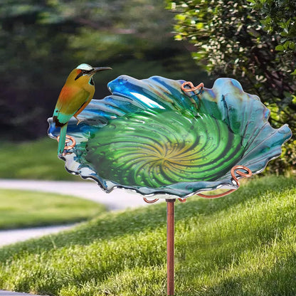 Glass Bird Bath Outdoor Birdbaths Garden Birdfeeder with Metal Stake Green(Height:26inch)