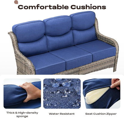 Wicker Outdoor Patio Furniture Set - 7 Piece Patio Conversation Sets with Swivel Rocker Chairs, Ottomans and Sofa, 6 inch Cushions, Waterproof Wicker, for Porch Deck Mixed Grey/Blue
