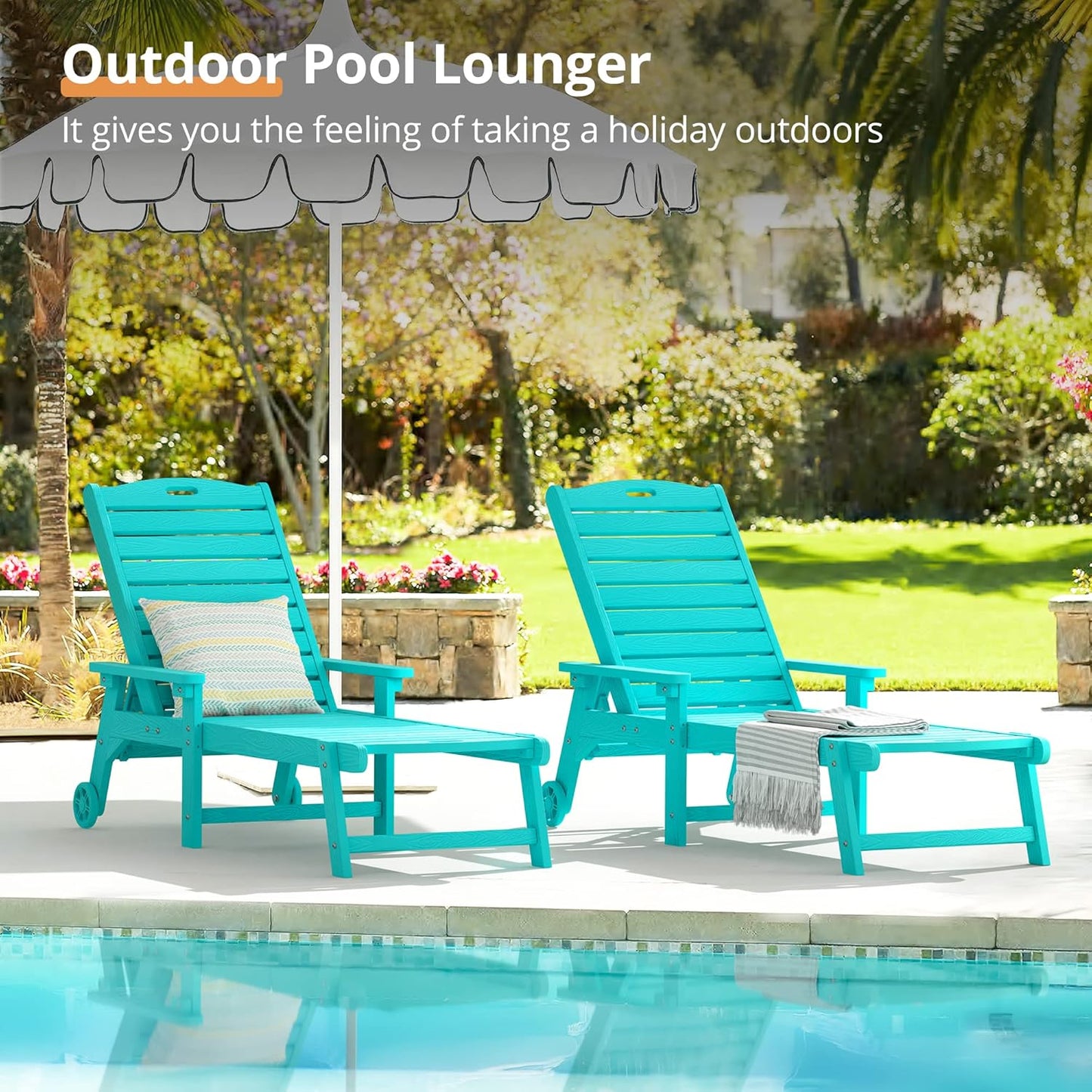 LUE BONA Outdoor Chaise Lounge, 79'' Oversized HDPS Chaise Lounger, 5 Positions Adjustable Lounge Chairs, Pool Lounge Chair with Wheels for Poolside, Backyard, 3 Year Warranty, Aruba Blue