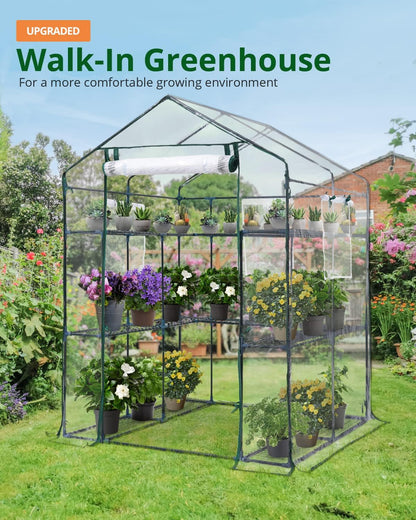 KING BIRD Premium Greenhouse for Outdoors, 56 x 56 x 77 Upgraded PVC Cover & Steel Frame Walk in Hot House, w/ Zippered Screen Windows Mesh Door, 3 Tiers 14 Shelves for Outside Garden, Clear