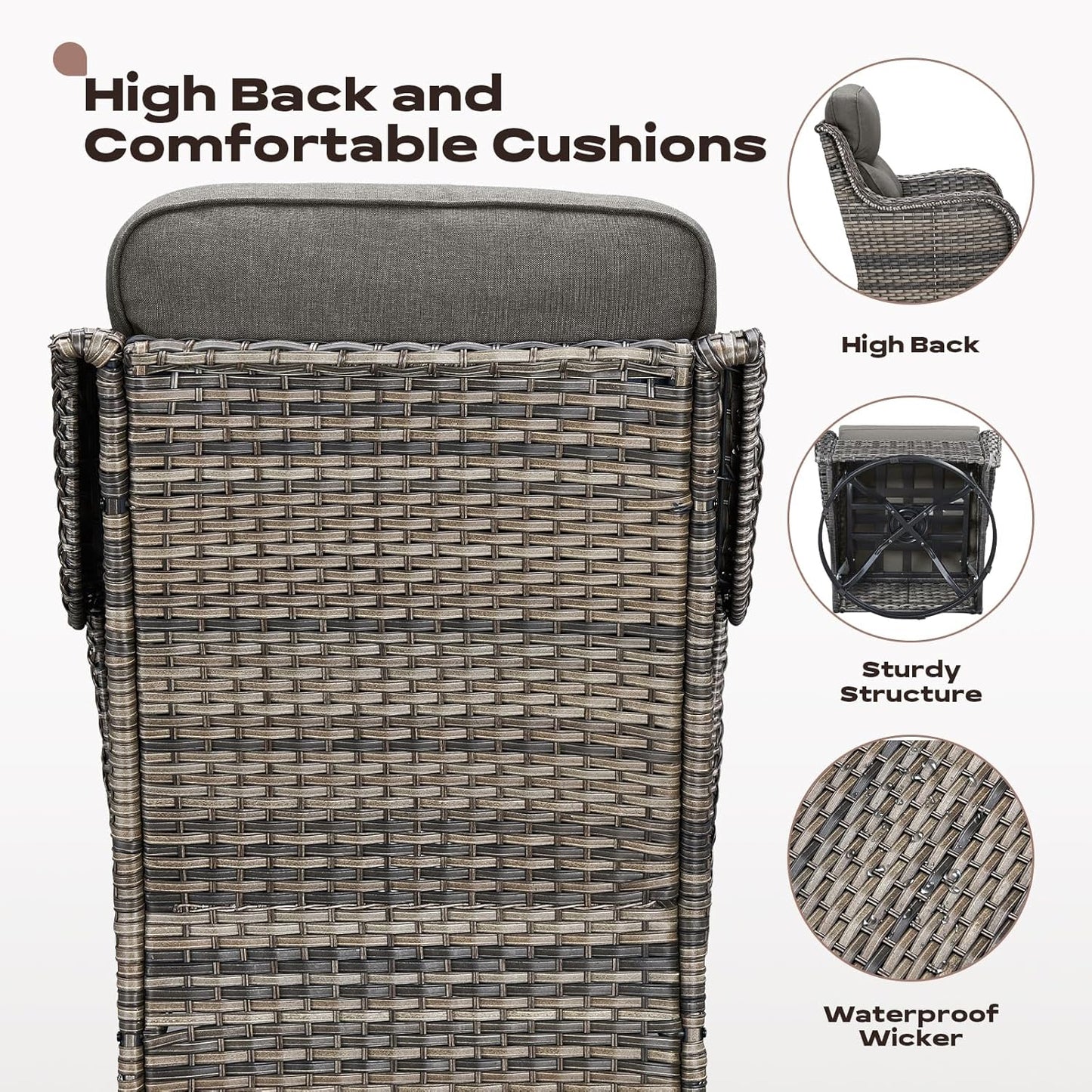 Outdoor Patio Swivel Rocker Chairs Set of 2, Waterproof Wicker, High Back, Deep Seating, Wide Armrest, Upgraded 6 inch Thick Cushions, Side Table, Ideal for Deck Porch Yard, Mixed Grey-Grey