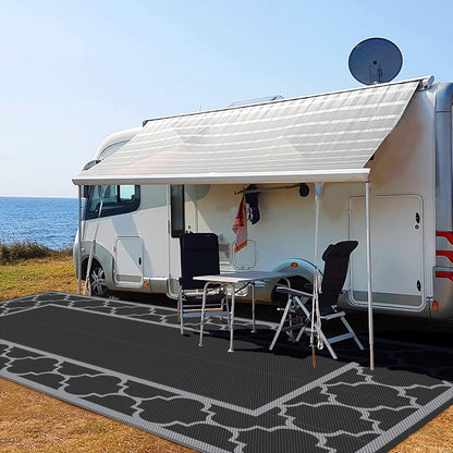GENIMO 9' x 18' Outdoor Rug Waterproof for Patio, Foldable Reversible Plastic Straw Area Rugs Mat for Rv Decor, Outside Carpet for Camper, Deck, Picnic, Beach, Balcony, Porch, Black & Grey