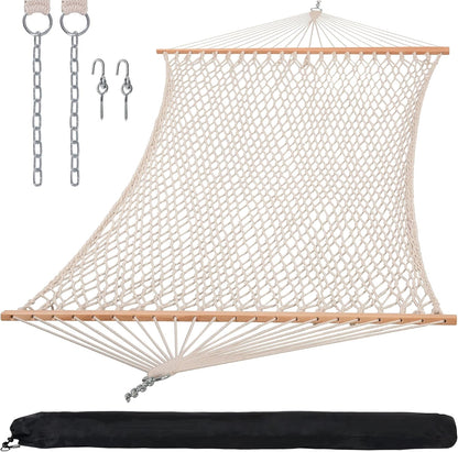 SUNCREAT Hammocks Traditional Rope Double Hammock with Hardwood Spreader Bar and Carrying Bag, 450 lbs Capacity, Natural