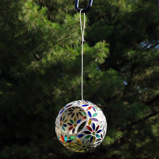 Sunnydaze 6-Inch Glass Mosaic Hanging Bird Feeder for Outdoors - Fly-Through Wild Bird Feeder - Rainbow Daisies