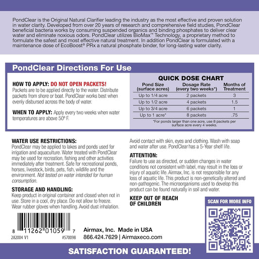 Airmax PondClear Packets, Beneficial Bacteria & Enzyme Clarifier Treatment with Ecoboost PRx, Clear & Clean Pond & Lake Water, Safe for Fish, 96 Count