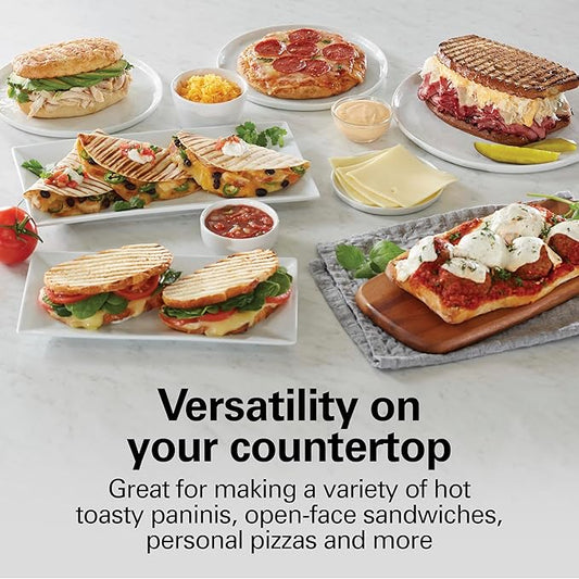 Hamilton Beach Panini Press Sandwich Maker & Electric Indoor Grill with Locking Lid, Opens Wide to Fit Any Thickness for Quesadillas, Burgers & More, Nonstick 8" x 10" Grids, Chrome (25460MNA)