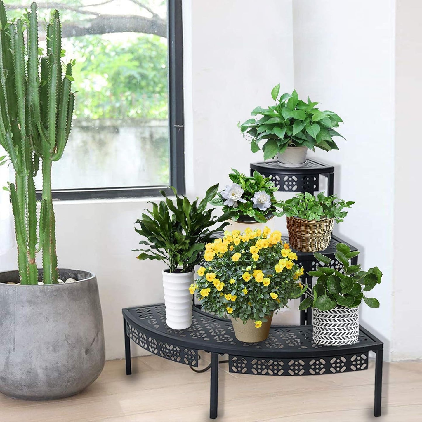 aboxoo 3 Tier Plant Stand Flower Pot Rack, Metal Stair-Step Style Corner Shelf Planters, Quarter Round Display Holder for Indoor Outdoor Use(Black, Semicircle)