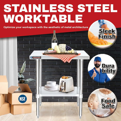 DuraSteel 30x24 Small Stainless Kitchen Island - NSF Outdoor Grill Work Station with Under Shelf - Metal Microwave Stand - For Laundry Room, Kitchen, Garage, Restaurant