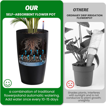 22" Tall Round Planter Set of 2, Self Watering Pots for Indoor Plants, Large Flower Pot Outdoor with Built-in Drainage and a Water Level Monitor, for Patio, Porch, Living Room, or Home Office, Black