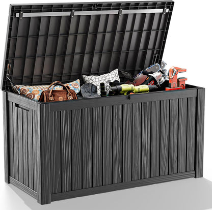 150 Gallon Outdoor Deck Box,Storage Lockable Waterproof Patio Furniture,Garden Tools,Cushions,Pool Accessories Outside Storage Resin Box(Black)