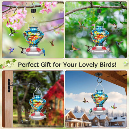 Hummingbird Feeder for Outdoors with Ant Moat, Blue Hummingbird Feeder, Hand Blown Twisted Glass, 4 Bee Guard Feeding Ports with Perch, Outdoor Décor, 16OZ, Gifts for Mom Wife Dad Men Women