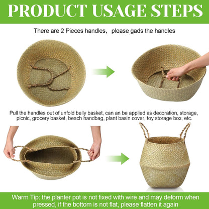 Qunclay 4 Pcs Woven Seagrass Baskets Belly Basket Folding Boho Natural Plant Pot with Handles Round Decorative Wicker Large Indoor Planter for Home Outdoor Tree Planters Decor (13.78 x 12.2 Inch)