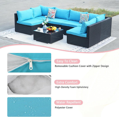 7-Piece Patio Furniture Set - Outdoor Sectional Sofa Set with Cushions and Glass-Top Coffee Table for Gardens, Poolside, Backyards and Porches, Black/Blue