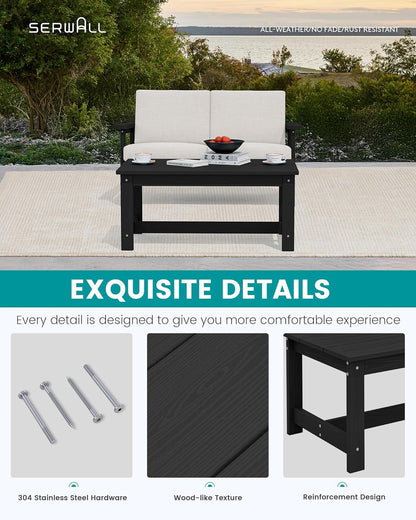 SERWALL HDPE Outdoor Coffee Table, All-Weather Patio Coffee Table, Rectangle Adirondack Outdoor Table Fits with Outdoor Sectional Couch for Outside Deck Porch Lawn, 37.8" x 22.8", Black