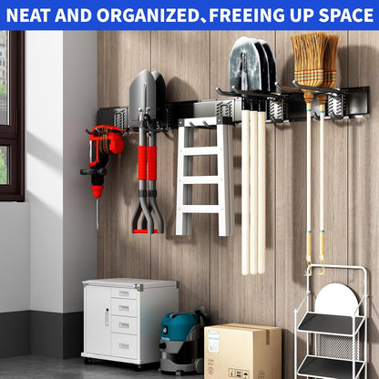 Garage Organization Tool Organizer Wall Mount, 48inch Heavy Duty Garden Tool organizer Storage System, Easy Install With 7 Adjustable Hooks, For Garage, Basement, Shed, Workshop(Black)