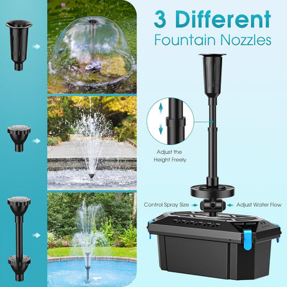 POPOSOAP RGB Pond Filter with Pump Fountain Kits, 660GPH Pond Filter Box With 40W Pond Pump & RGB Auto-Cycle LED Lights, Koi Pond Filters for Outdoor Ponds Clean, Clear, and Add Water Features
