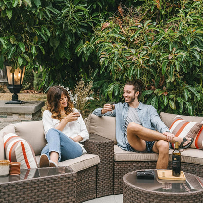 SUNSITT Outdoor Patio 8-Piece Half Moon Curved Furniture Sofa Set Brown Wicker Sectional Sofa Beige Cushions with 2 Side Table