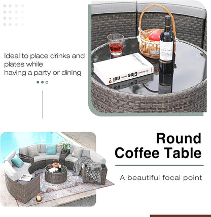 SUNSITT Outdoor Patio Furniture 11-Piece Half-Moon Sectional Round Patio Furniture Set Curved Outdoor Sofa with Tempered Glass Round Coffee Table, 4 Pillows, Grey Rattan & Light Grey Cushion