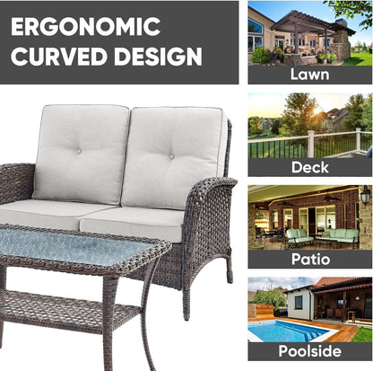 HUMMUH Outdoor Loveseat Sofa 2-Seat PE Wicker Outdoor Couch with Coffee Table, Deep Seat High Back Patio Furniture for Patio, Garden, Porch, Deck (Beige)