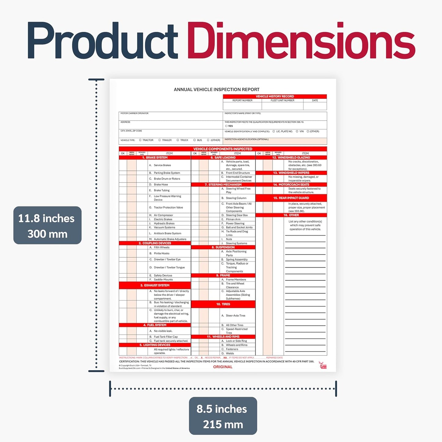 100 Pack 3-Ply Carbonless Annual Vehicle Inspection Report Forms with FMCSA Red Aluminum Adhesive Labels, DOT Inspection Forms and Stickers, Shrink-Wrapped, 8.5" x 11.75" - Made in USA