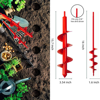 Garden Auger Drill Bit for Planting-1.6x16'' & 3.54x15.7,Ground Earth Spiral Drill Bit for 3/8" Hex Drive Drill, Yard Auger Drill for Bulbs Planting, Hole Digger Flowers,Umbrella Holes,Bedding Digging
